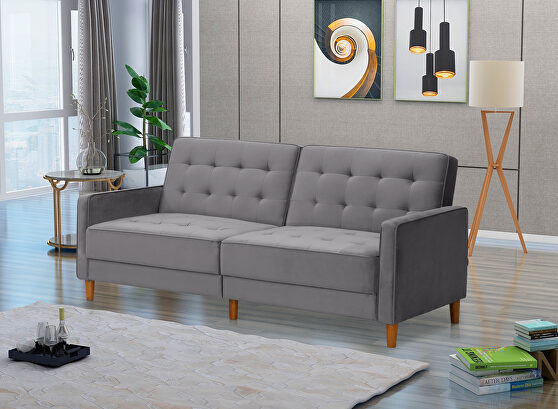 Square arms modern gray velvet upholstered sofa bed