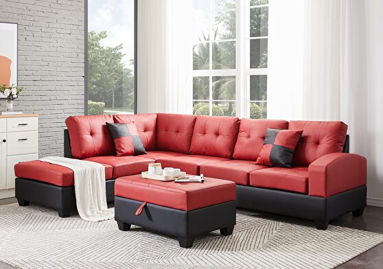Red pu sectional 3-seaters sofa with reversible chaise