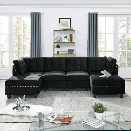 Black velvet u shape sectional sofa