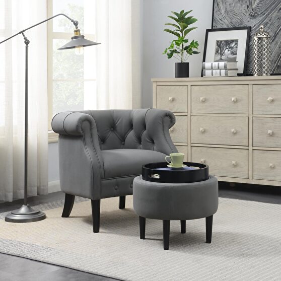 Gray fabric upholstery accent chair with storage ottoman set