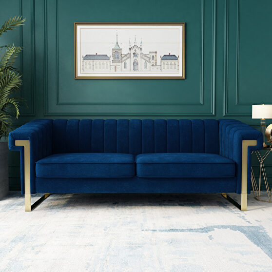 Mid-century channel tufted blue velvet sofa