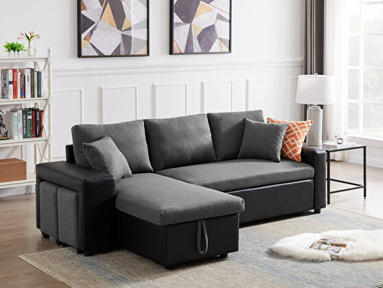 Linen reversible sleeper sectional sofa with storage and 2 stools steel gray