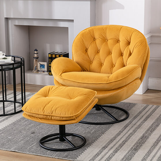 Yellow velvet accent chair with ottoman set