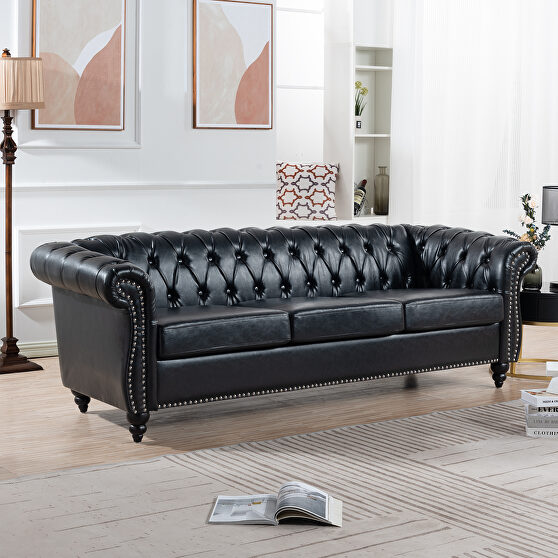 Black pu uphostery rolled arm chesterfield three seater sofa