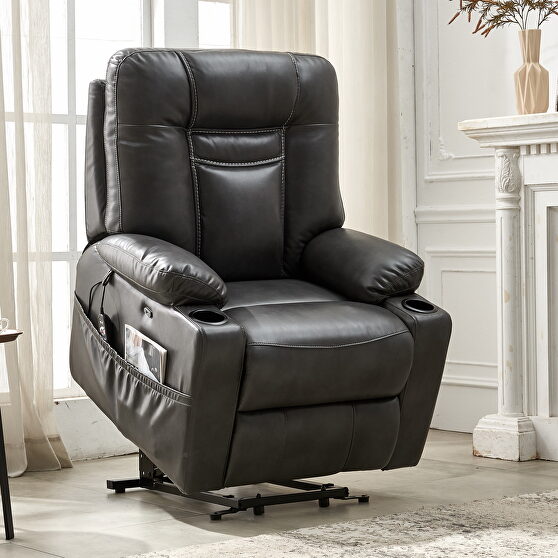 Gray leather gel electric power lift recliner chair with massage and heat