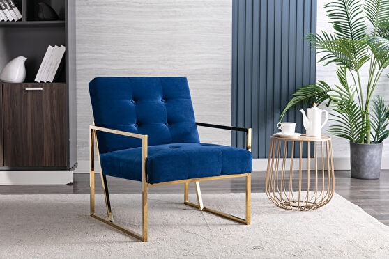 Wide ravia blue velvet tufted upholstered golden metal frame accent armchair