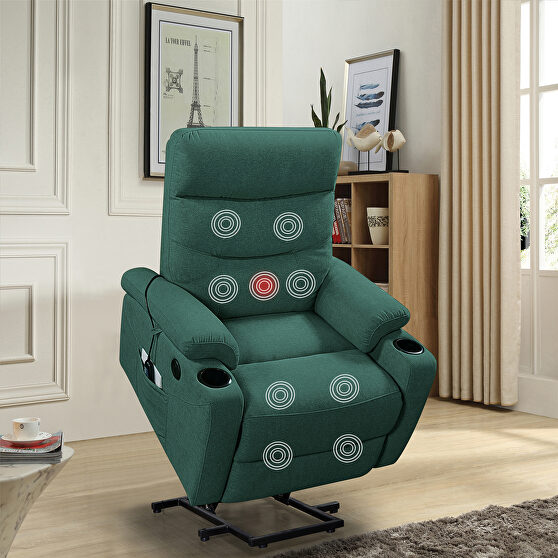 Green fabric electric power lift recliner chair with massage and usb charge ports