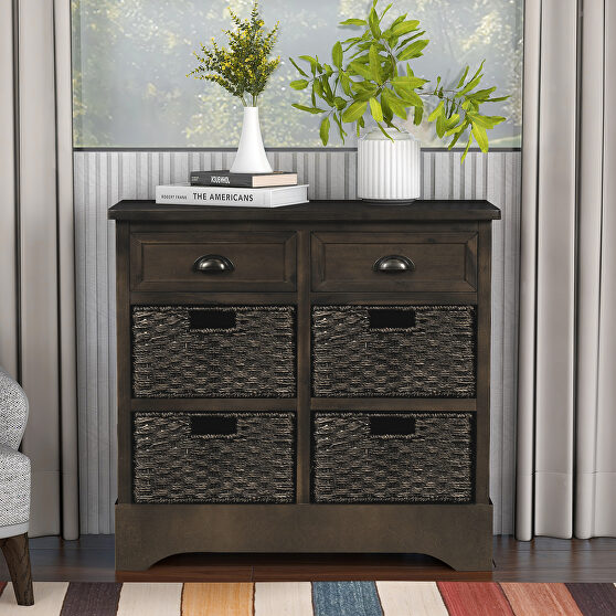 Brown gray rustic storage cabinet with two drawers and four classic rattan basket