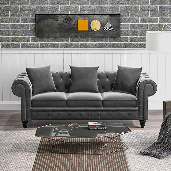 Deep button tufted dark gray velvet chesterfield sofa