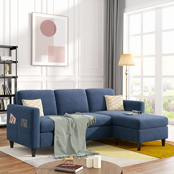 Modern blue linen fabric l-shape reversible sectional sofa