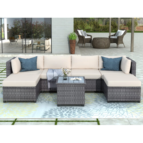 Ustyle 7 piece rattan sectional seating group with cushions, outdoor ratten sofa