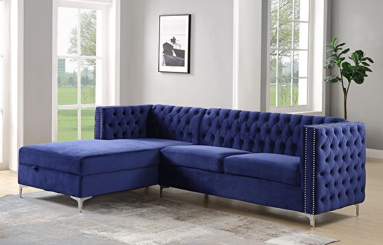 Navy blue velvet left facing sectional sofa