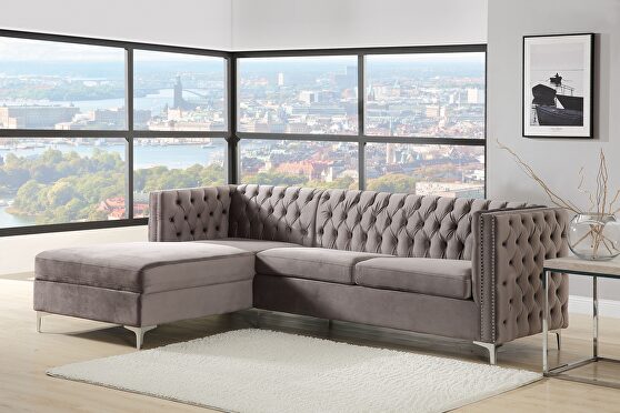Gray velvet left facing sectional sofa