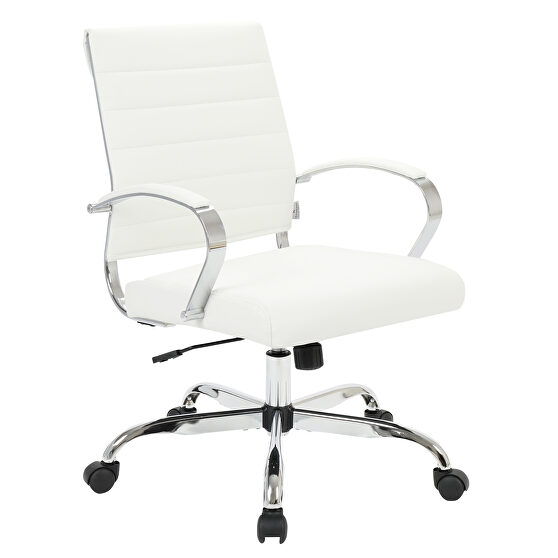 White faux leather and polished steel frame swivel office chair