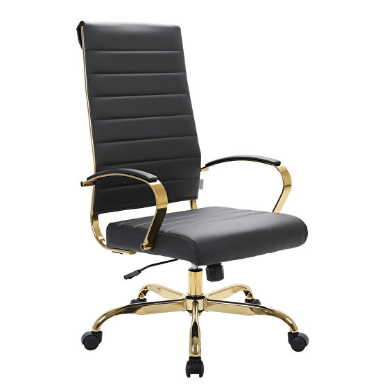Black faux leather and polished gold steel frame swivel office chair