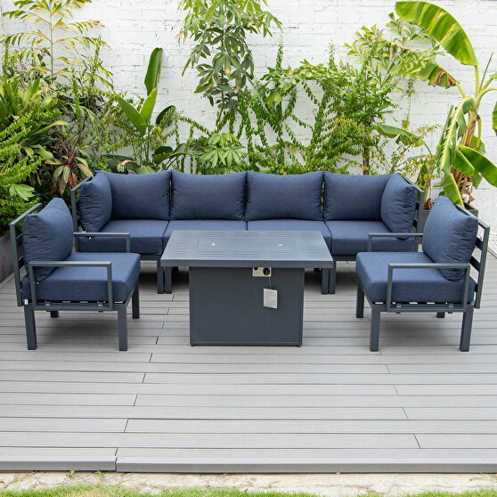 Blue cushions 7-piece patio sectional and fire pit table black aluminum