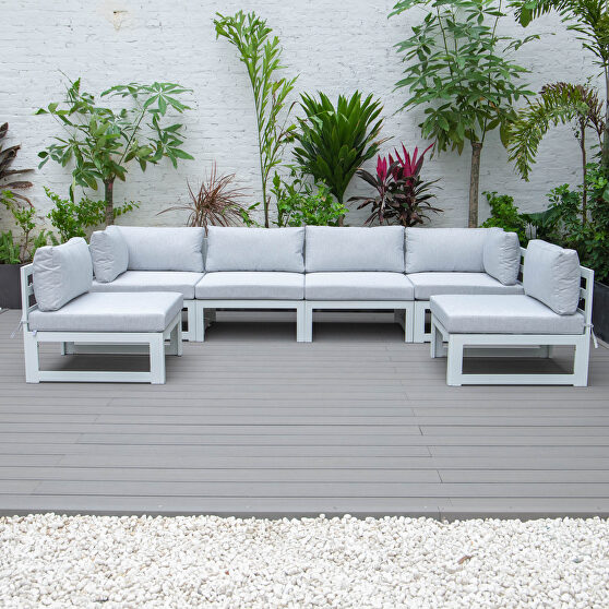 Light gray finish cushions 6-piece patio sectional in white aluminum