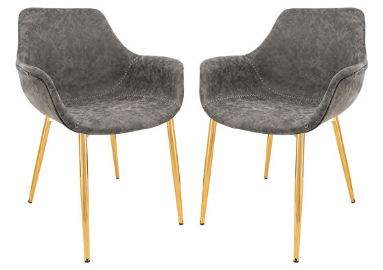 Gray modern leather dining arm chair with gold metal legs set of 2