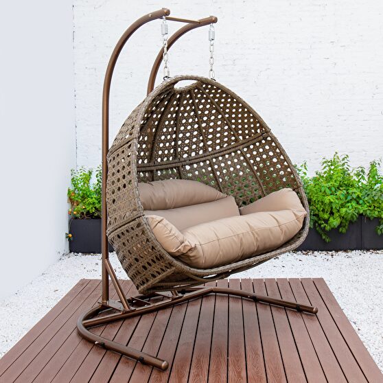 Brown finish wicker hanging double egg swing chair