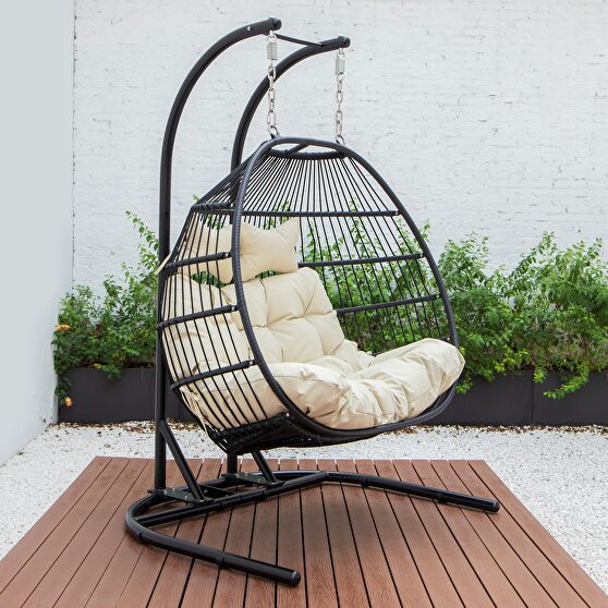Beige finish wicker 2 person double folding hanging egg swing chair