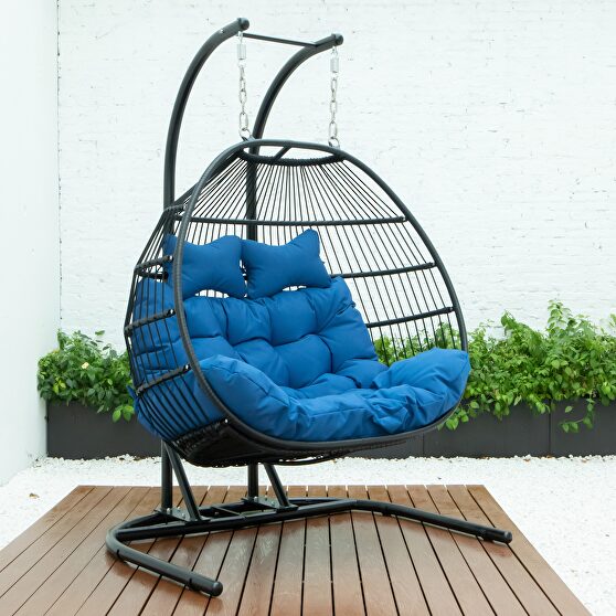 Blue finish wicker 2 person double folding hanging egg swing chair