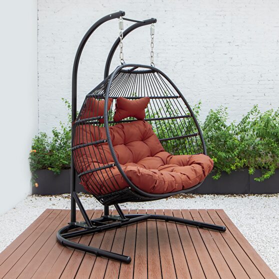 Cherry finish wicker 2 person double folding hanging egg swing chair