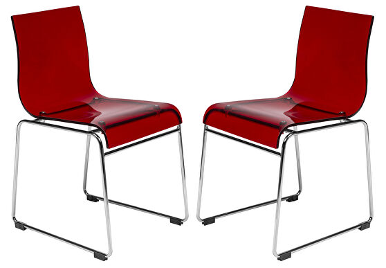 Chrome-finished steel frame and transparent red seat dining chair/ set of 2