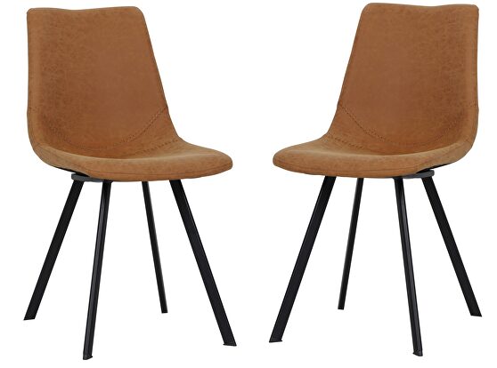 Light brown leather dining chair with black metal legs/ set of 2