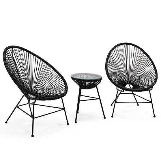 Black finish 3 piece outdoor lounge patio chairs with glass top table