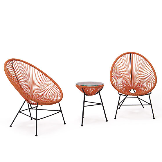 Orange finish 3 piece outdoor lounge patio chairs with glass top table