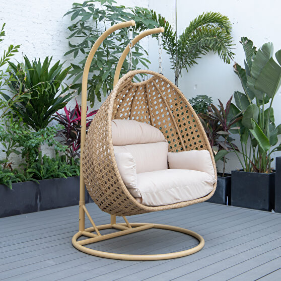 Beige cushion and light brown wicker hanging 2 person egg swing chair