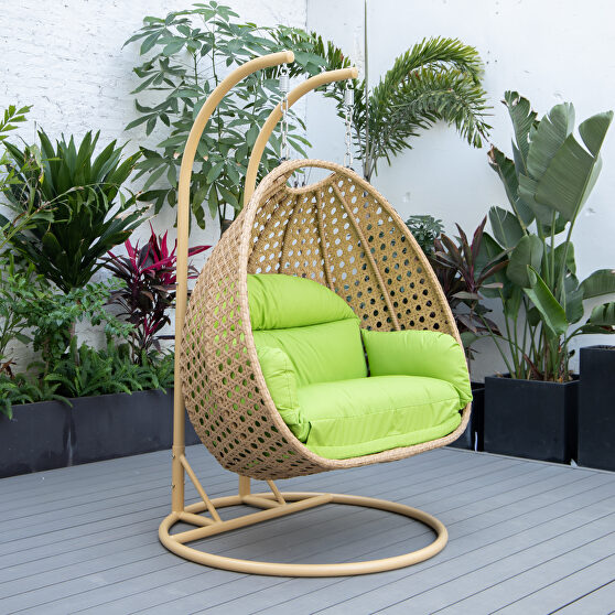 Light green cushion and light brown wicker hanging 2 person egg swing chair
