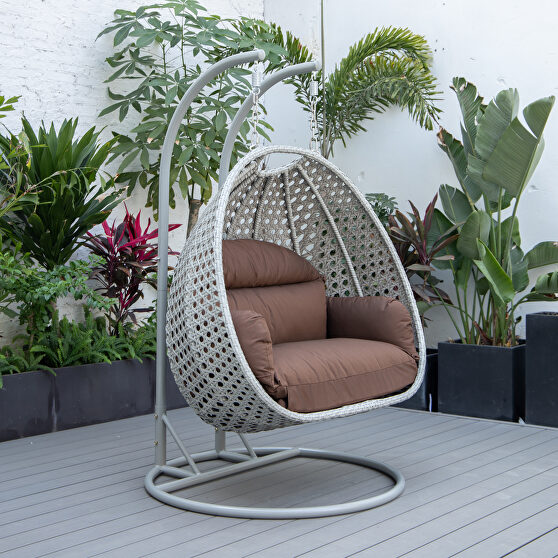 Brown cushion and light gray wicker hanging 2 person egg swing chair