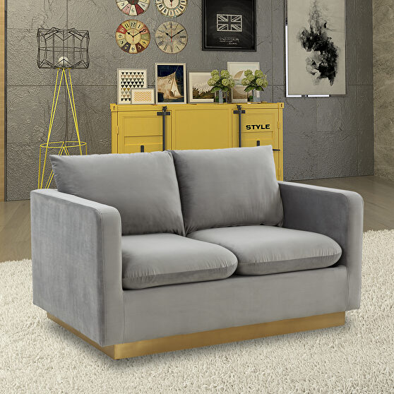 Modern style upholstered light gray velvet loveseat with gold frame
