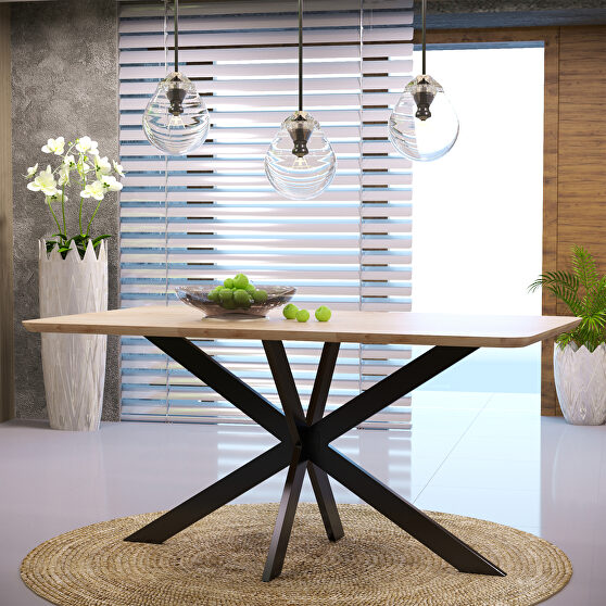 Maple wood rectangular wooden top and metal base dining table
