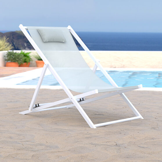 Gray finish sunset outdoor sling lounge chair with headrest cushion