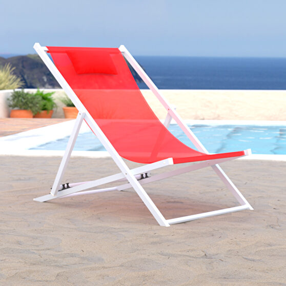 Red finish sunset outdoor sling lounge chair with headrest cushion