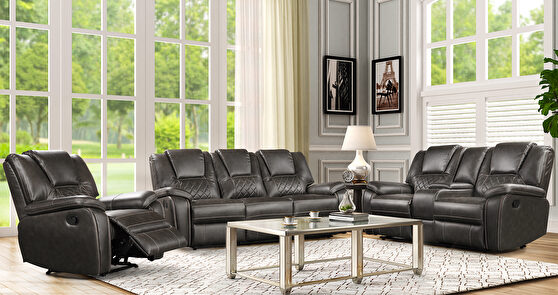 Charcoal leatherette recliner sofa in modern style