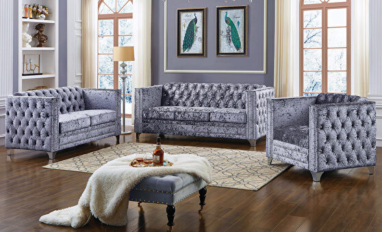 Silver velour fabric tufted sofa in glam style