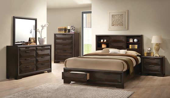 Charcoal finish king bed w/ bookcase headboard
