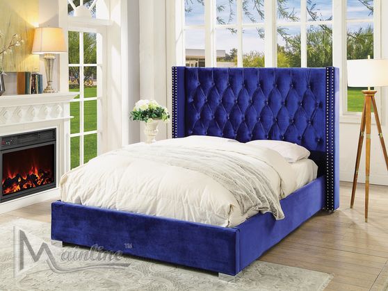 Blue velvet fabric contemporary casual style king size bed