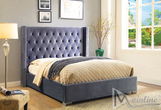 Silver velvet fabric contemporary casual style bed