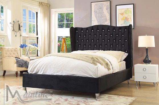 Neo-classical upholstered black bed w/ tufted hb