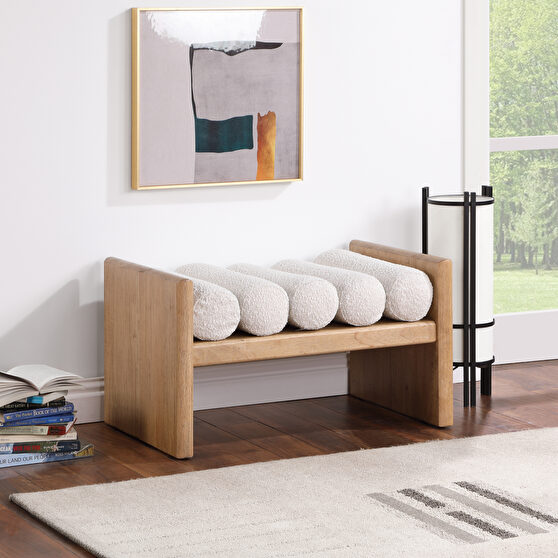 Cream fabric natural rubberwood contemporary bench
