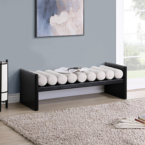 Cream fabric rubberwood contemporary bench