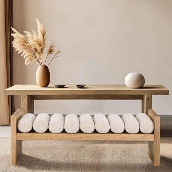 Cream fabric natural oak rubberwood contemporary bench