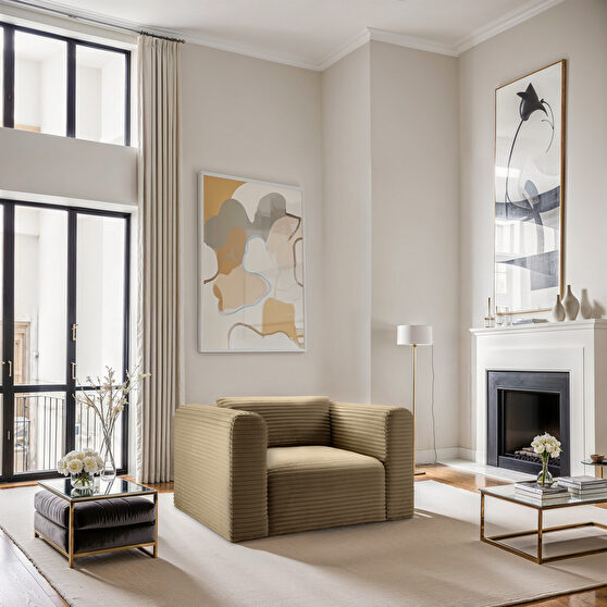 Camel corduroy fabric low-profile armchair