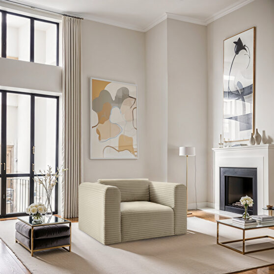 Cream corduroy fabric low-profile armchair
