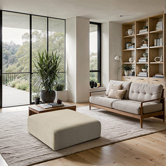 Cream corduroy fabric low-profile ottoman