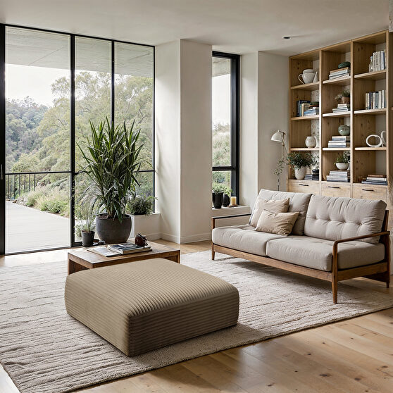 Taupe corduroy fabric low-profile ottoman